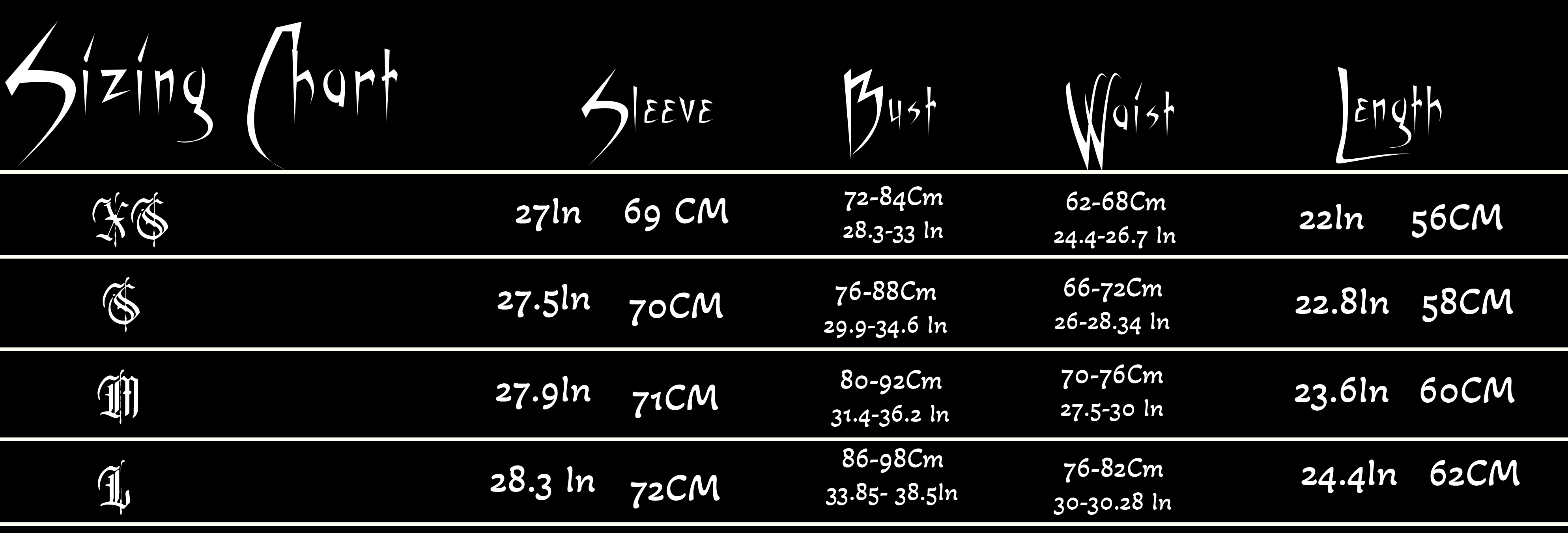 Sizing chart for clothing with measurements in centimeters